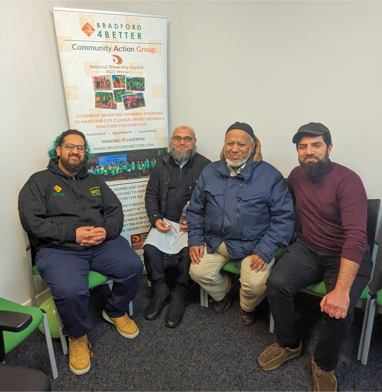 Kash Ahmed and Dr Sohail Ahmed from Bradford 4 Better with Faz Haq and Mohammed Joynal from Bangladeshi Youth Organisation celebrating their receipt of the Kings Award for Voluntary Service 2023